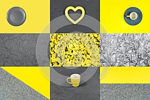 A collage showcasing the trendy colors of 2021 - gray and yellow. Heart, cups, plate, knitted fabric backgrounds.