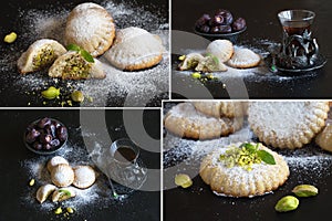 Collage the showing Egyptian cookies `Kahk El Eid`. Arabian cuisine.