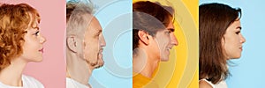 Collage. Side, profile view portraits of different people, men and women of different age looking away over multicolored