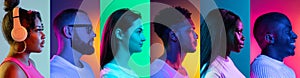 Collage of side view portraits of an ethnically diverse people isolated over multicolored background.