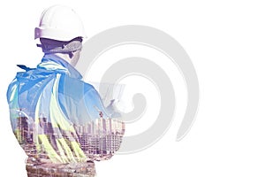 Collage of silhouette construction worker in helmet and uniform reads technical documentation and construction site
