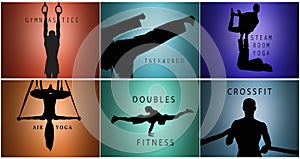 The collage from silhouettes of man and woman training sport