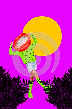 Collage sketch artwork of funny funky weird bizarre person dressed green neon outfit have fun isolated on drawing