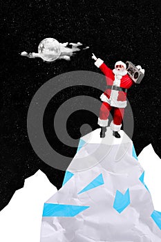 Collage sketch image of carefree happy santa claus listening boom box new year carols isolated black color background