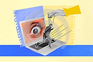 Collage sketch image of eye peeping modern gadget screen hand hanging working isolated painting background