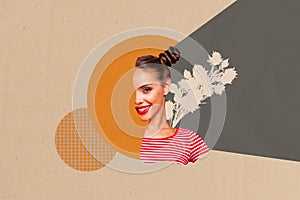 Collage sketch image of happy smiling half face lady enjoying autumn flowers isolated orange beige color background