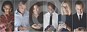 Smiling group of diverse businesspeople sending text messages photo