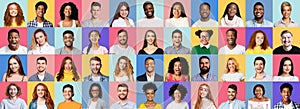 Collage Of Smiling People Faces On Bright Colored Backgrounds, Panorama