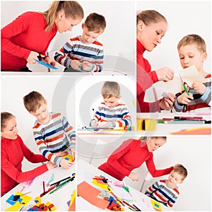 Collage from some pictures of mother and son doing homework