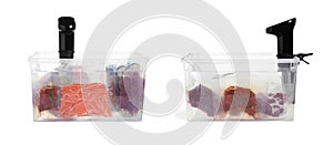 Collage of sous vide cooker and vacuum packed meat in container isolated on white. Thermal immersion circulator