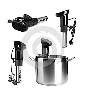 Collage with sous vide cookers isolated on white. Thermal immersion circulator