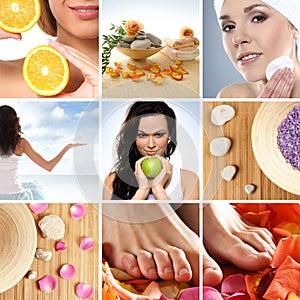 A collage of spa treatment images with young women