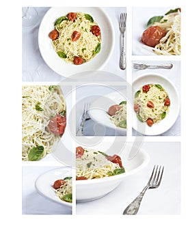 Collage of spaghetti with tomatoes cherry. photo