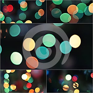 Collage Sparkling Lights Festive background. Abstract Christmas twinkled bright background with bokeh defocused lights