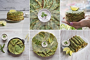 Collage with spinach Adai - Indian green pancakes. Vegetarian food