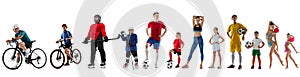 Collage of sport people, adults and children doing different sports, posing isolated over white background