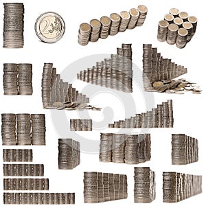 Collage of stacks of 2 Euros Coins