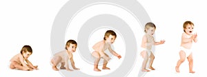 Collage of stages of baby walking in studio photo