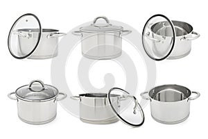 Collage with steel pot isolated on white, different angles