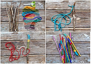 Collage step by step, learn how to make children`s craft sticks from yarn.