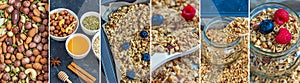 Collage Step by step recipe. Home cooking healthy vegetarian snack: granola, muesli from oat flakes, varius of nuts, honey,