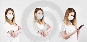 Collage stockfoto. Beautiful caucasian young woman in white t-shirt with disposable face mask. Protection versus viruses and