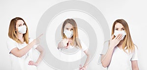 Collage stockfoto. Beautiful caucasian young woman in white t-shirt with disposable face mask. Protection versus viruses and