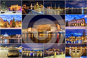 Collage of Stockholm attractions at the Night