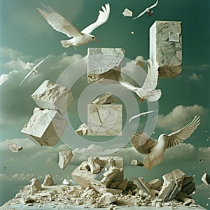 Collage of stone cubes with flying doves on sky background.