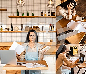 Collage of stressed cafe owner with laptop, documents, calculator and glasses