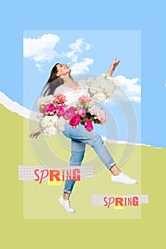 Collage style artwork with ukrainian split flag colors and charming adorable girl enjoying springtime have walk up in