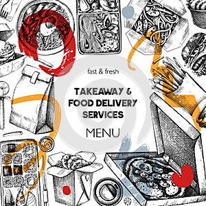 Collage style fast food frame. Hand-drawn vector illustration. Burger, pizza box, paper bag, coffee cup sketch. Takeaway food menu