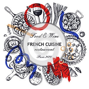 Collage-style French food wreath design. Trendy food and wine sketches. European restaurant menu template. France background. Hand