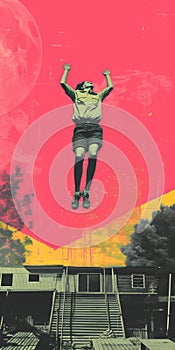 Collage-style Mixed Media: Kid Jumping In Dark Pink And Yellow