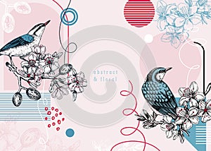 Collage style nuthatches vector background. Hand-drawn bird on blooming almond branches with flowers, nuts, and leaves in colors.