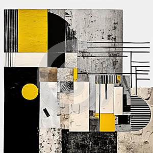 Collage-style Technological Art: A Deconstructed Composition In Black, Gray, Yellow, And White