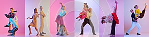 Collage. Stylish men and women dancing in retro clothes multicolored background in neon light. Vintage