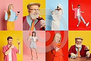 Collage. Stylish people, men and women posing, drinking delicious cocktail, wine over multicolored background