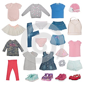 Collage of summer baby clothes isolated