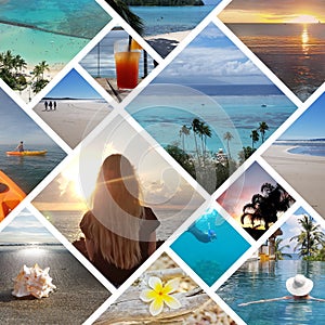 Collage of sunny tropical beach vacation travel photos