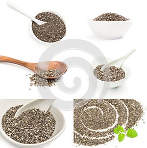 Collage of superfood chia seeds over a white background