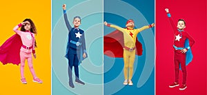 Collage of superhero kids in colorful costumes