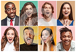 The collage of surprised people