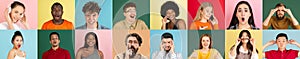 The collage of surprised, shocked young people, men and women isolated over multicolored background. Close-up