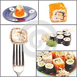 Collage with Sushi rolls japanese food isolated on white background.