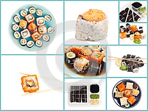 Collage with Sushi rolls japanese food isolated on white background.