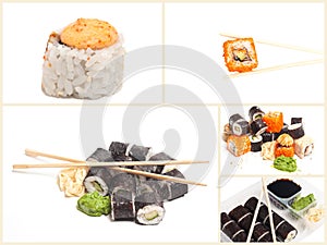 Collage with Sushi rolls japanese food isolated on white background.