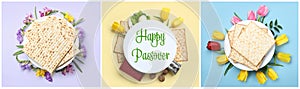 Collage of symbolic Pesach meal and card on color background, top view.