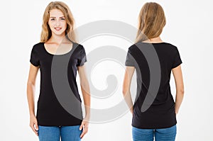 Collage t shirt. Caucasian woman,girl in black tshirt isolated on white background, template,blank