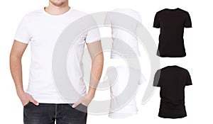 Collage T Shirts. Black, White. Front and back view Shirt. Template. Macro tshirt set isolated. Blank background advertising